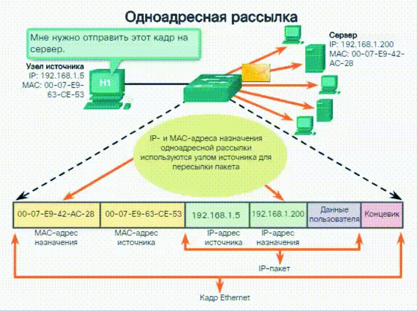 Что меняется во фреймах Ethernet при передаче информации от клиента серверу?